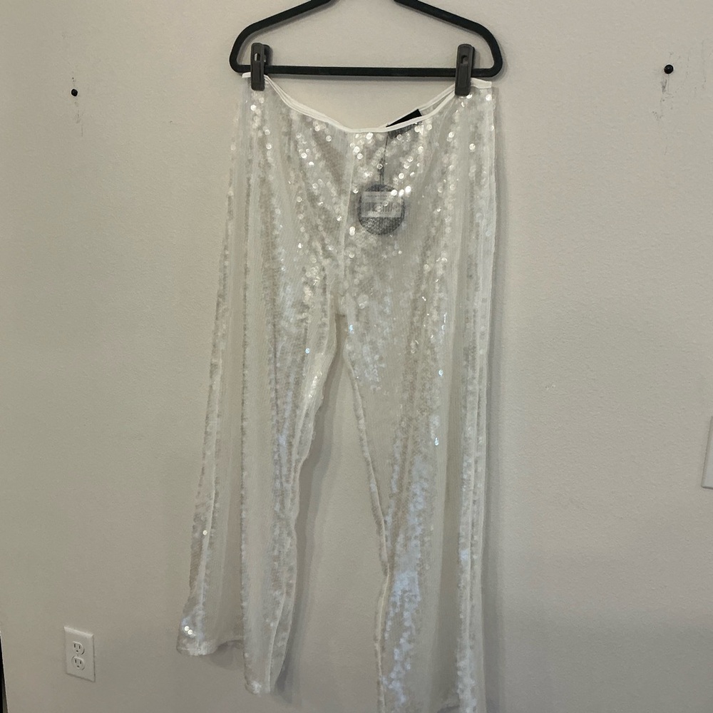 White Fox Boutique Sequin Wide Leg Pants - White